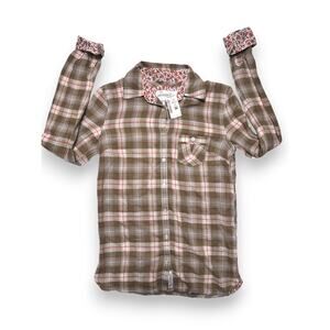 NWT Aéropostale Pink/Taupe Plaid Button Down W/ Floral Cuff Size Xs